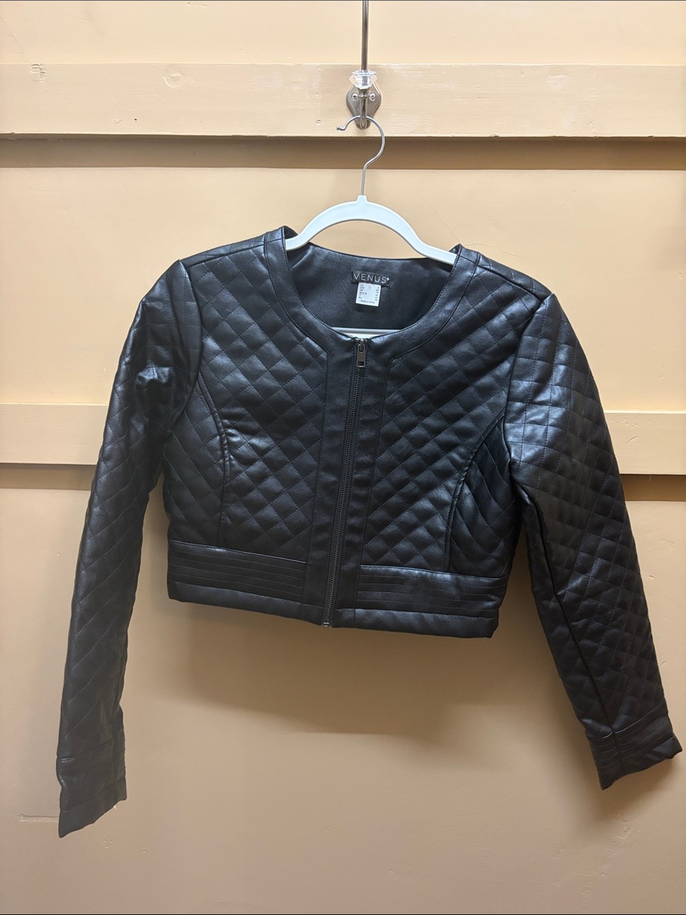 VENUS Black Quilted Faux Leather Cropped Jacket